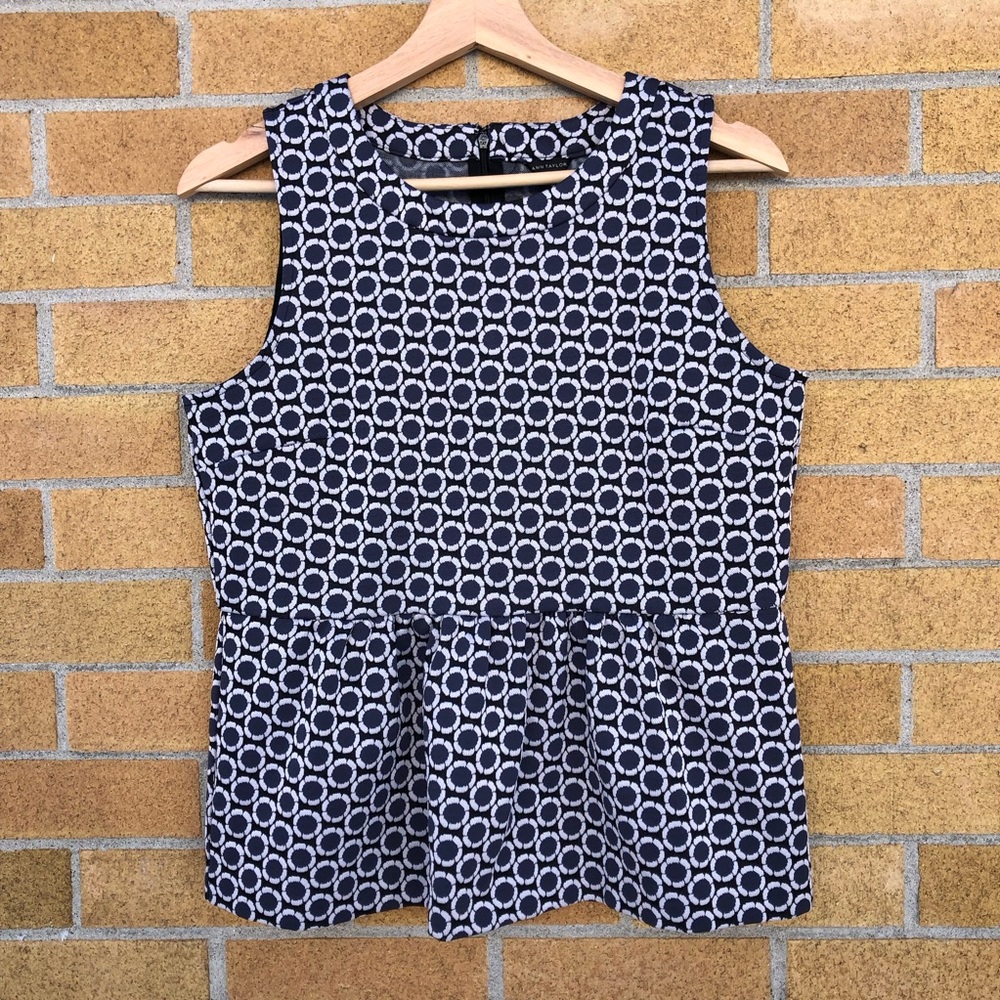 Ann Taylor Sleeveless peplum top Blue grey retro Circles print Ladies medium M